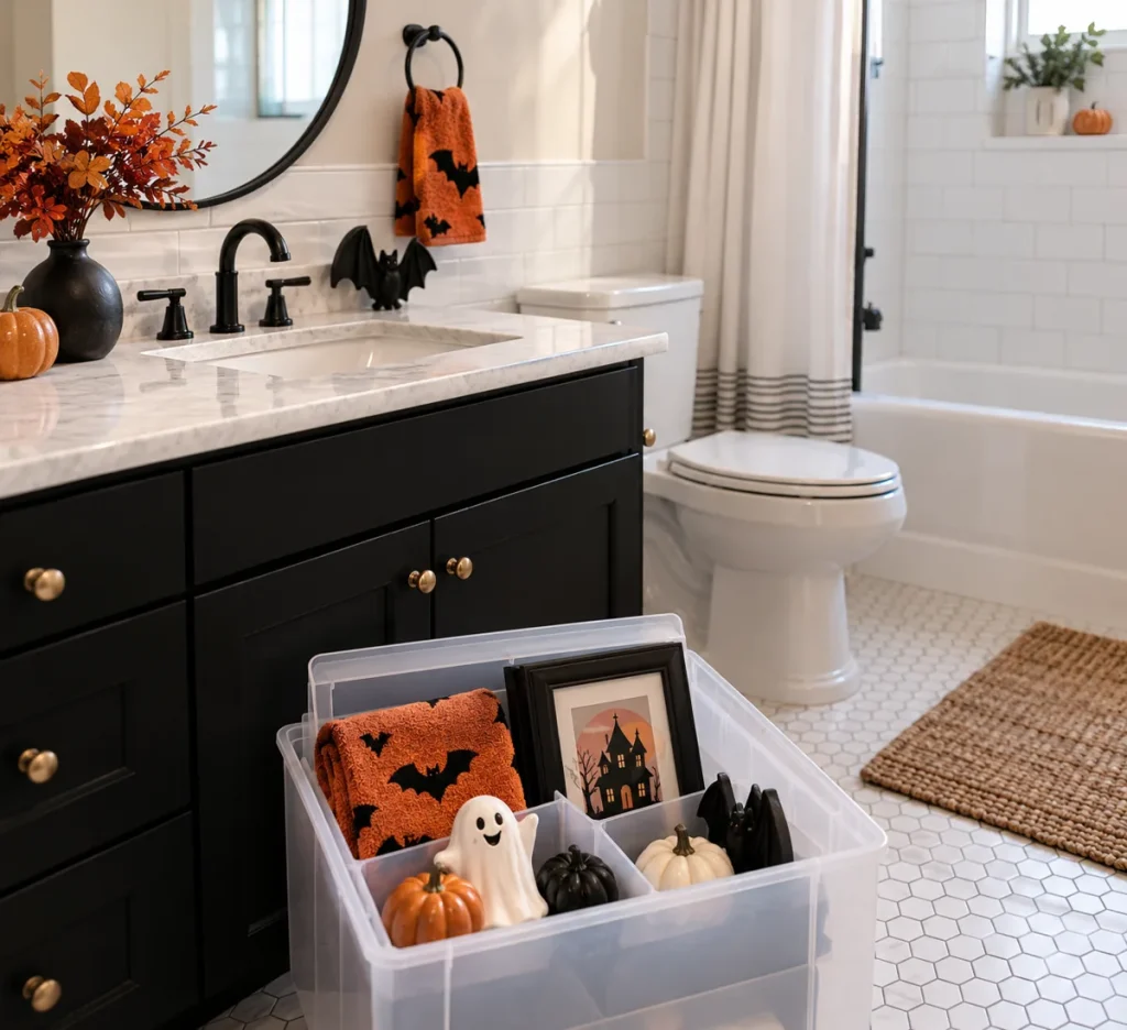 An open storage box holding small Halloween bathroom decorations.