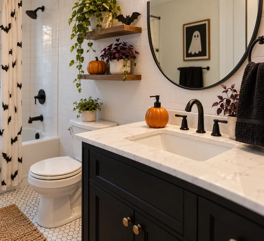A pumpkin-shaped orange soap dispenser beside a white basin.