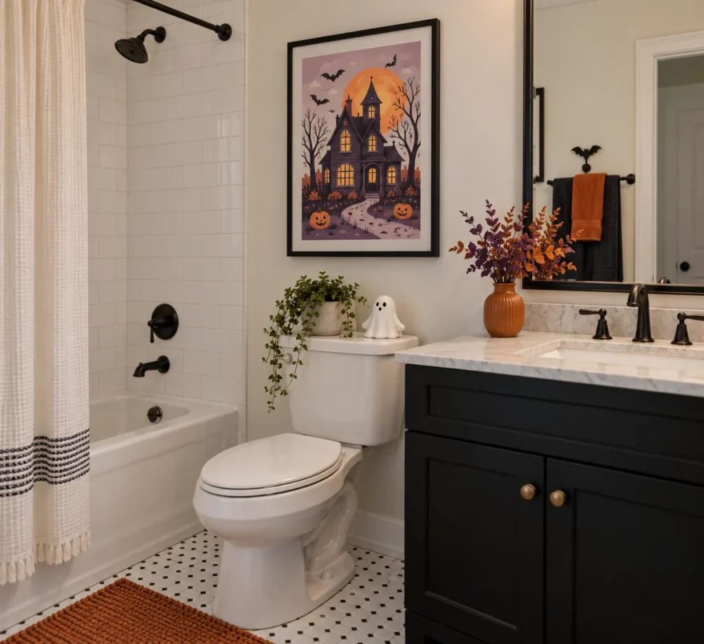 A framed illustrated haunted house on a dry bathroom wall.
