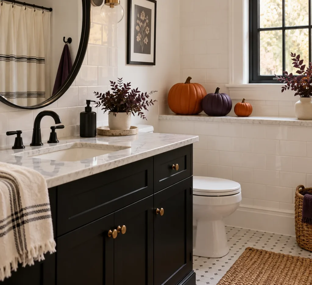 Three small matte pumpkins grouped on a wide dry bathroom ledge.