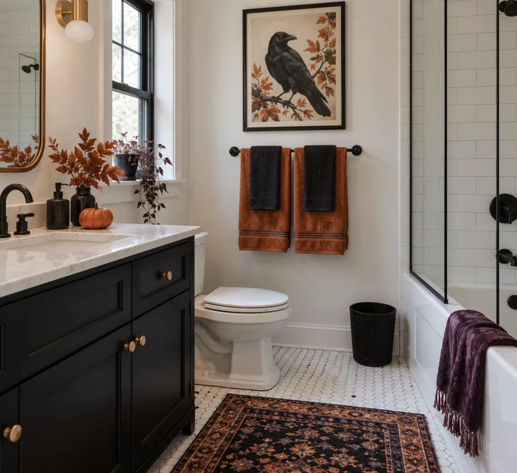 A framed raven illustration above a bathroom towel rail.
