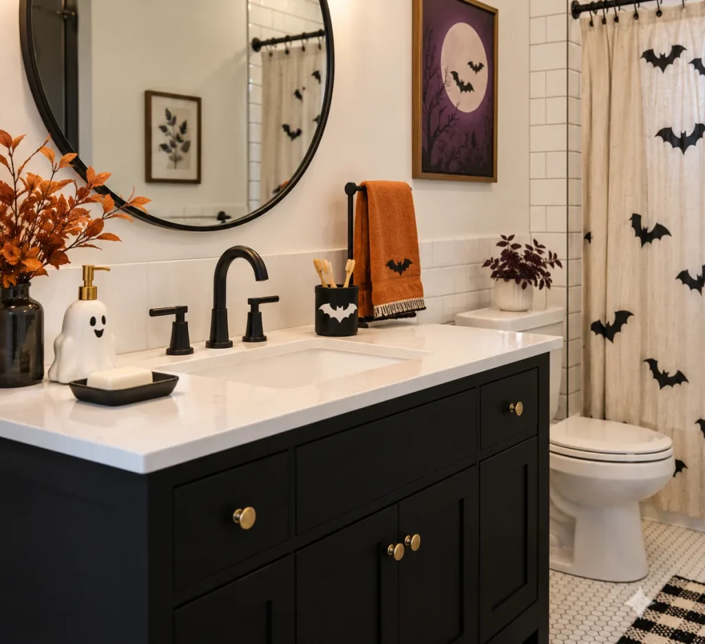 Bathroom with dark accents and playful Halloween details.
