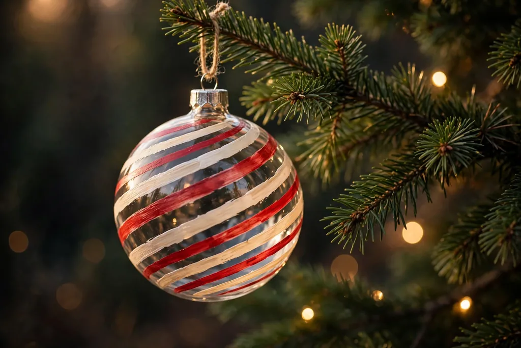 Clear glass bauble with hand painted red and cream stripes hanging on a tree branch.