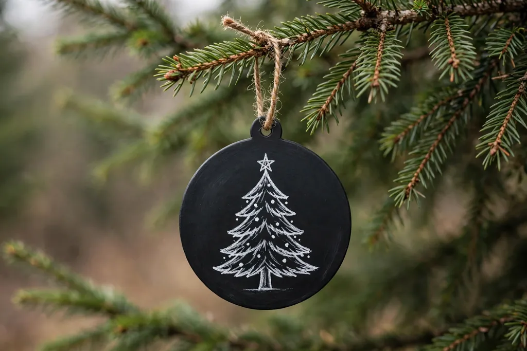 Matte black chalkboard style ornament with a white painted Christmas tree drawing.