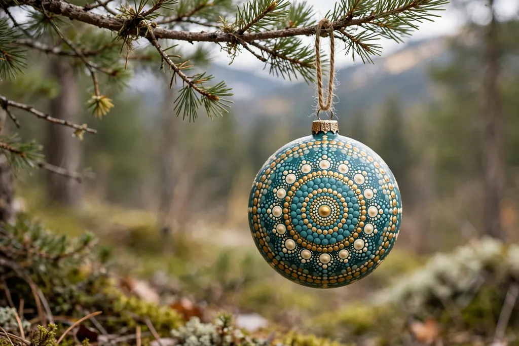 Round bauble painted with a dot mandala pattern in teal, gold, and cream.