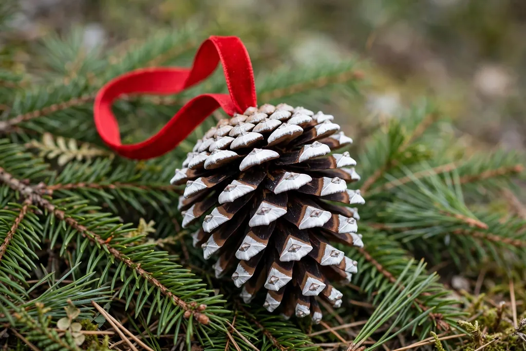 Pinecone ornament with white painted scale tips and a ribbon loop.