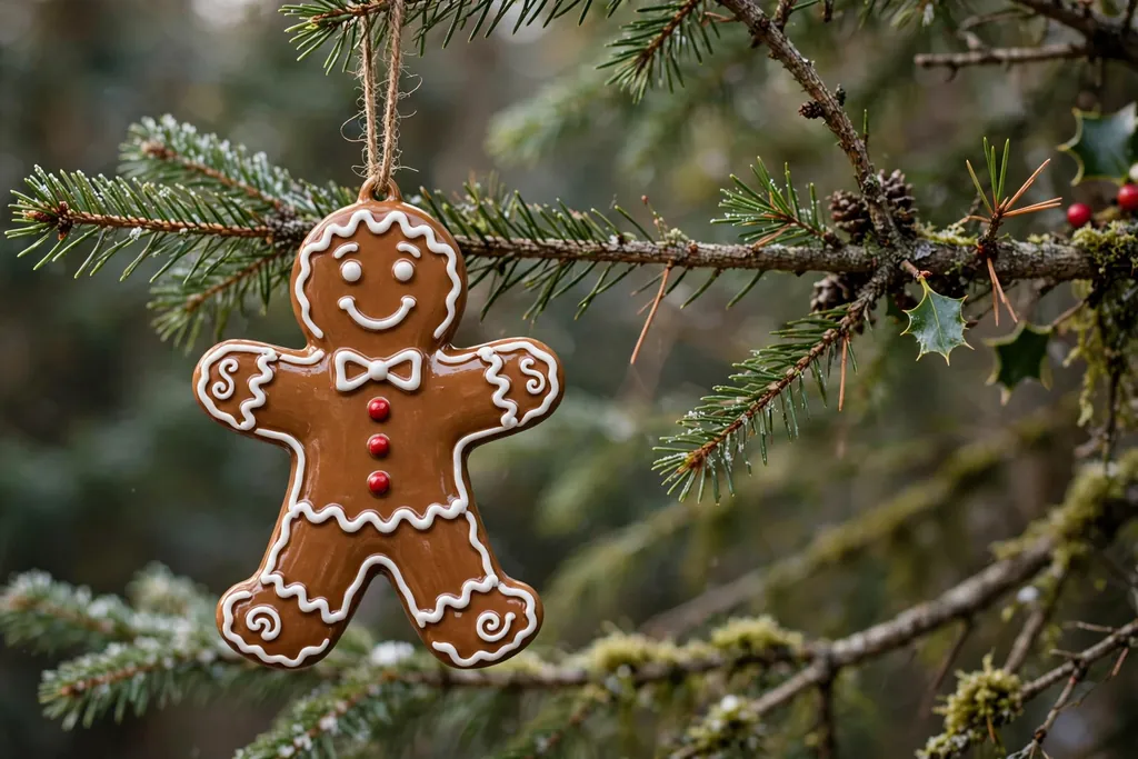 Ceramic gingerbread figure ornament painted brown with white icing details.