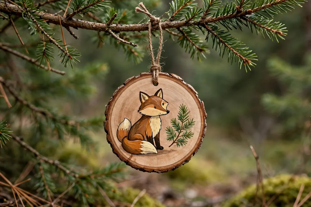 Wood round ornament painted with a fox in brown and cream beside a pine sprig.