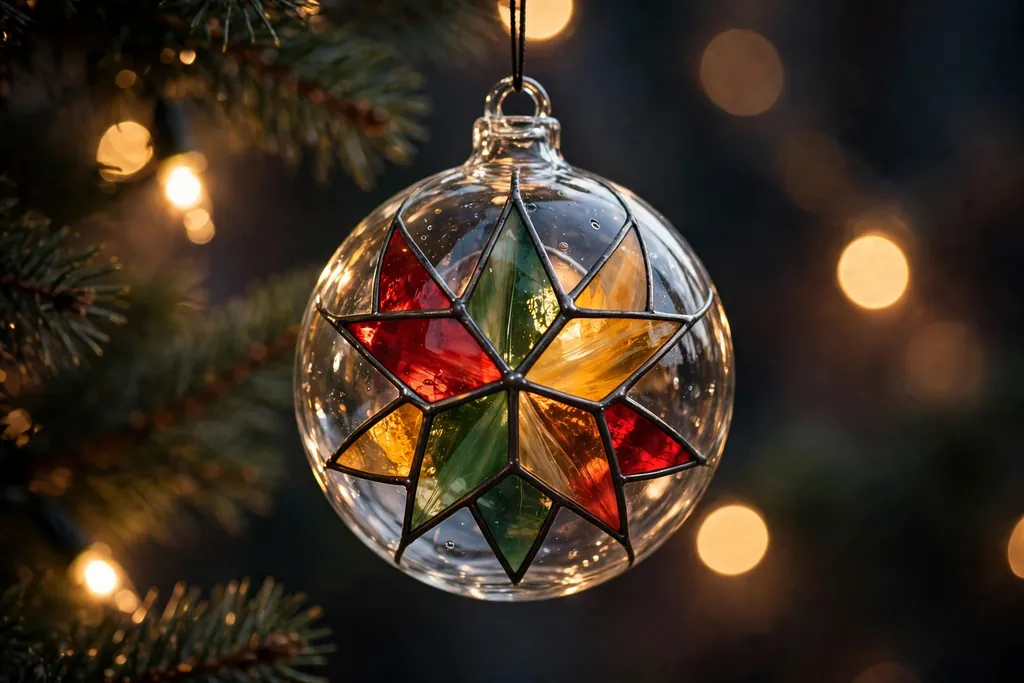 Clear glass bauble painted with a stained glass effect star in red, gold, and green.