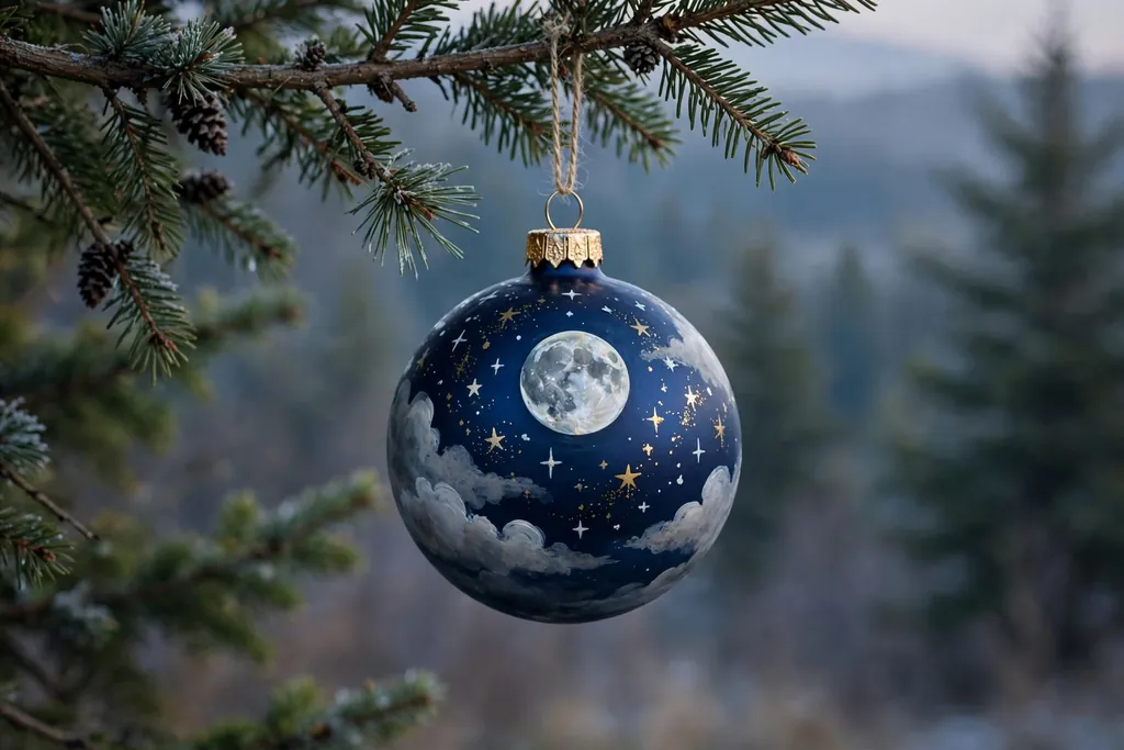 Deep navy bauble painted with a moon, gold stars, and soft gray clouds.