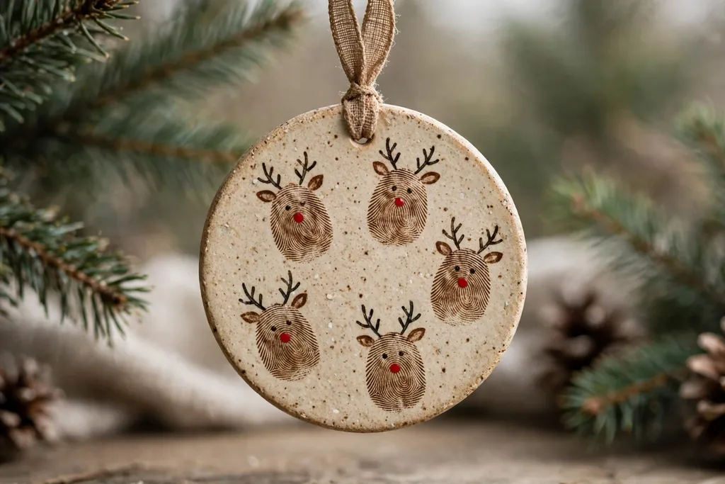 Ceramic disc ornament with fingerprint reindeer prints and antlers.