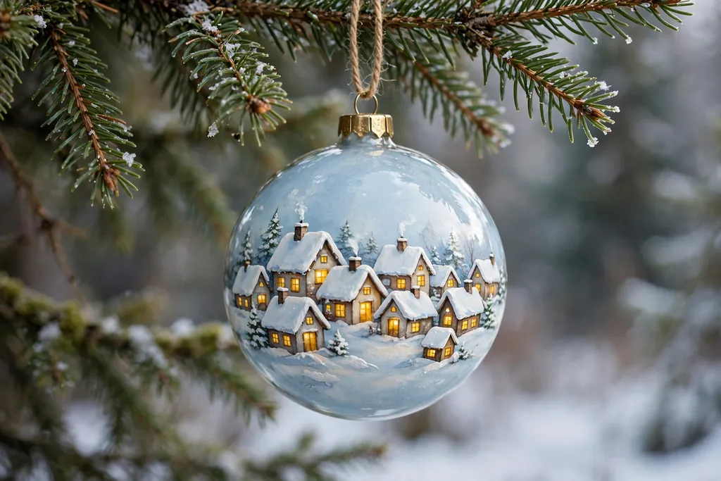 Round bauble painted with a tiny winter village scene and warm yellow windows.