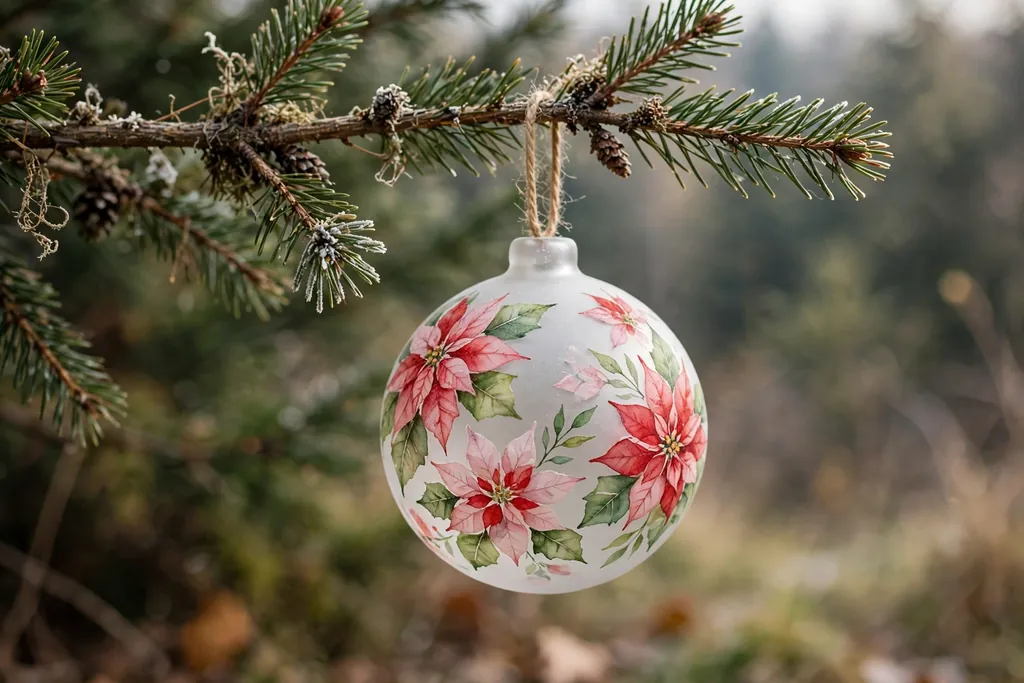 Frosted glass bauble painted with soft watercolor poinsettia flowers and green leaves.