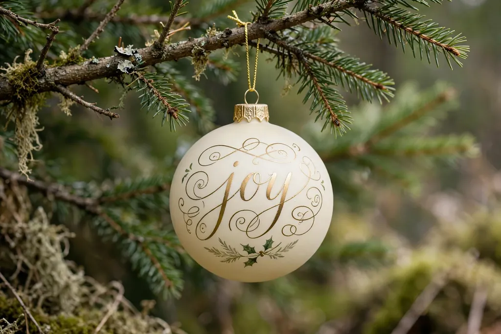 Cream bauble with a hand lettered name in gold script and a small painted sprig.