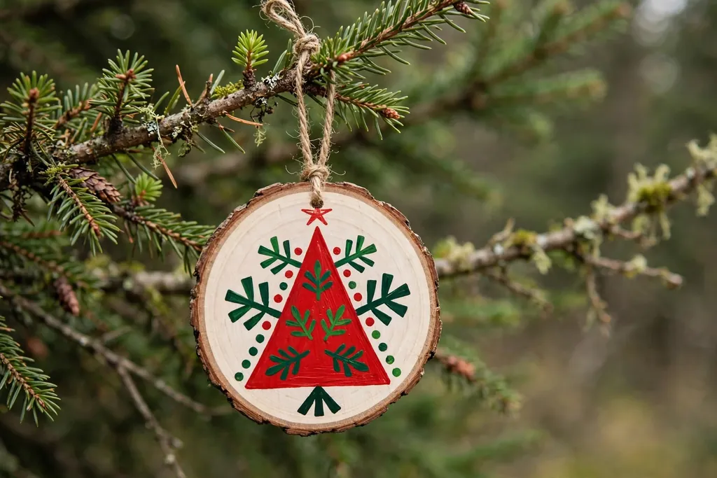 Wood slice ornament painted with a folk art Christmas tree and a twine loop.