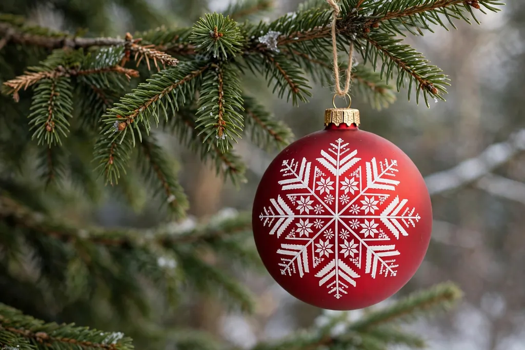Matte red bauble painted with a large white Nordic snowflake pattern.