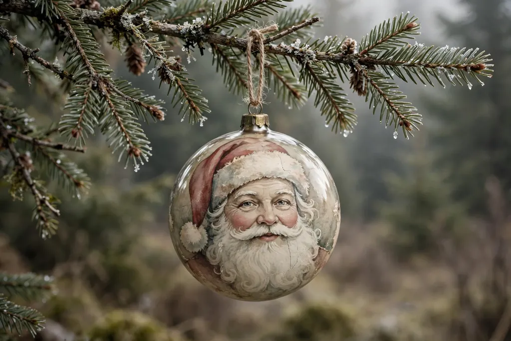 Round bauble painted with a vintage Santa face, red hat, and white beard.