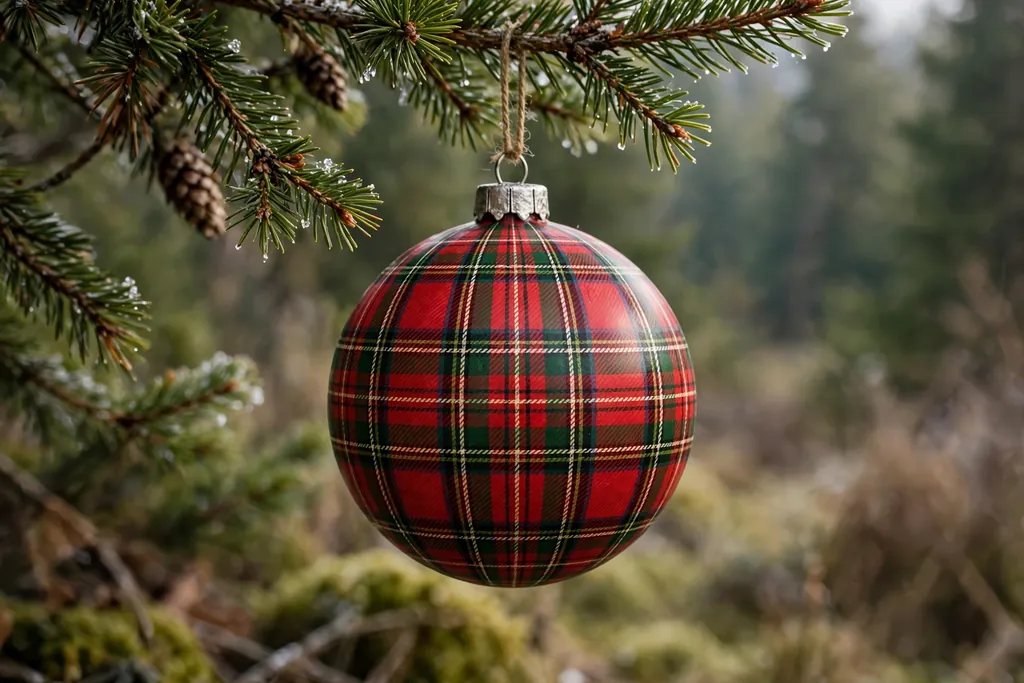 Round bauble painted with a red and green tartan plaid pattern.