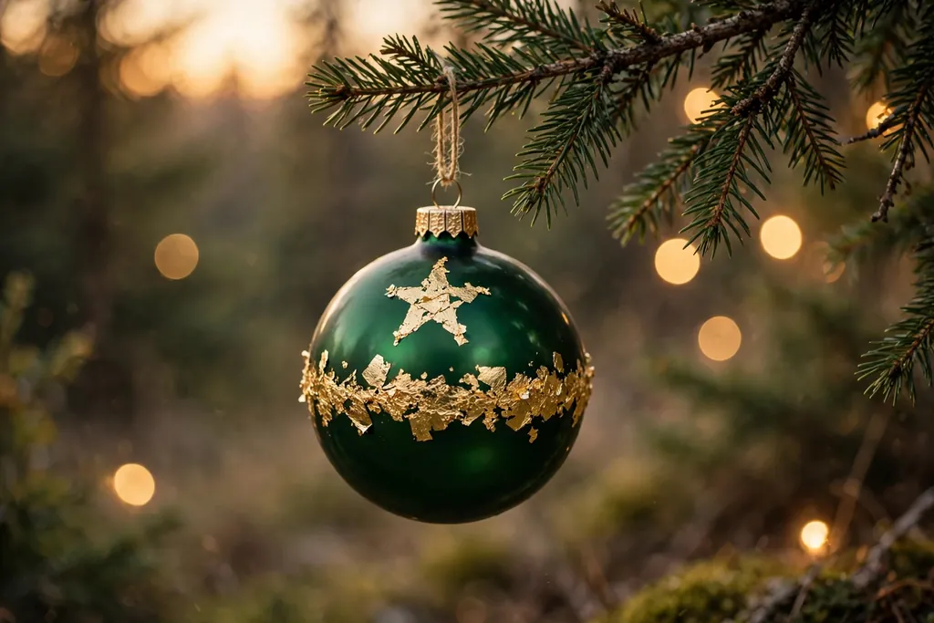 Deep green bauble with gold leaf accents in a band and star shape.