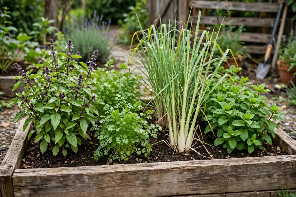 Raised bed with Thai basil, coriander, lemongrass, and mint.