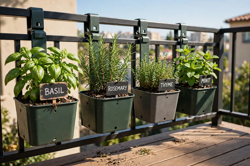 Herb planters clipped to a sunny balcony railing.