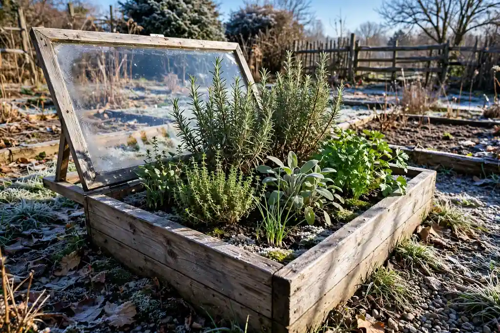 Cold frame with herbs growing inside on a sunny winter day.
