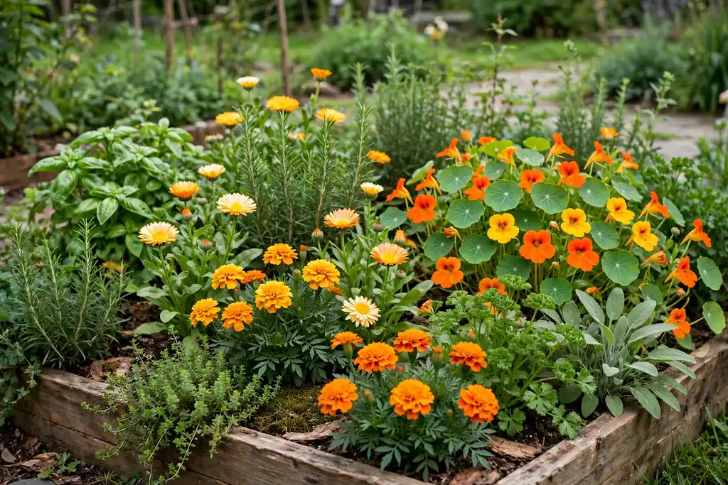 Garden bed mixing herbs with marigolds, nasturtiums, and calendula.