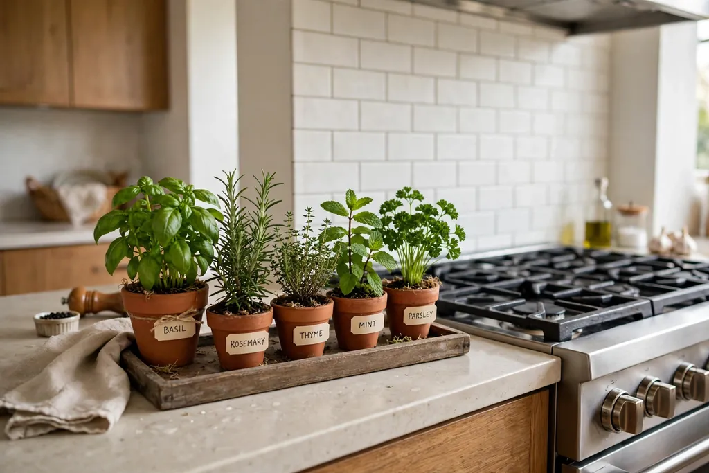 Tray of small herb pots on a kitchen counter near a stove.
