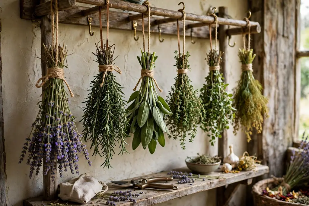 Bunches of herbs hanging upside down to dry on a rack.