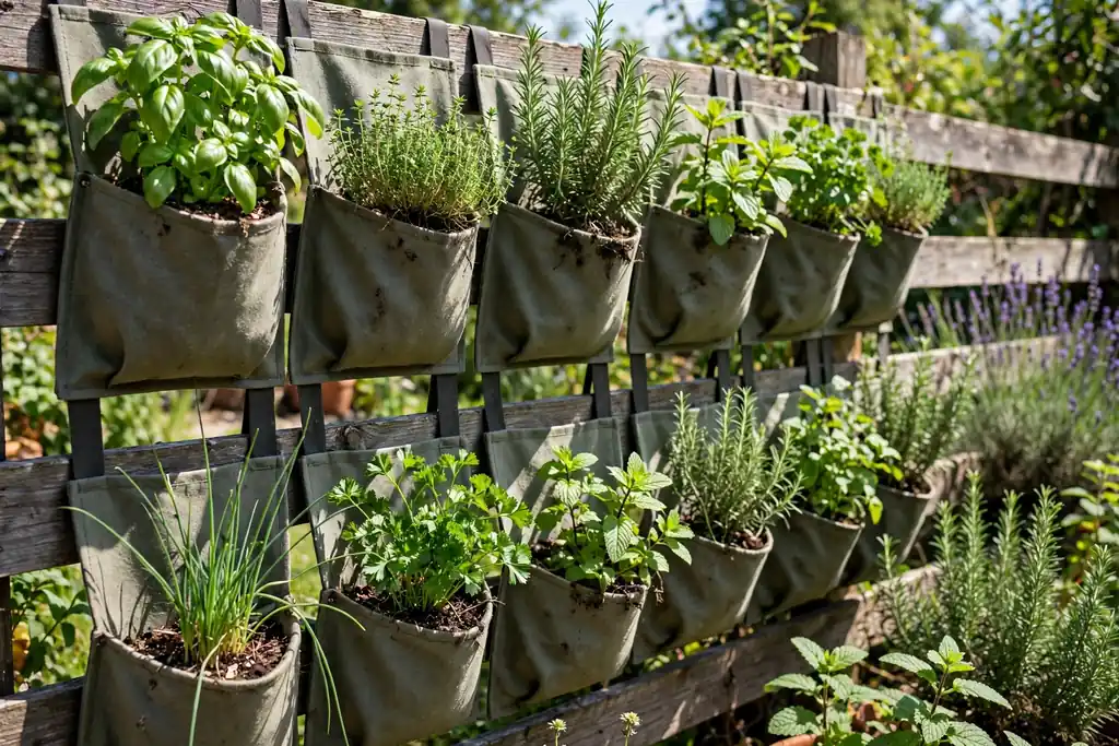 Fabric pocket planters on a sunny fence filled with herbs.