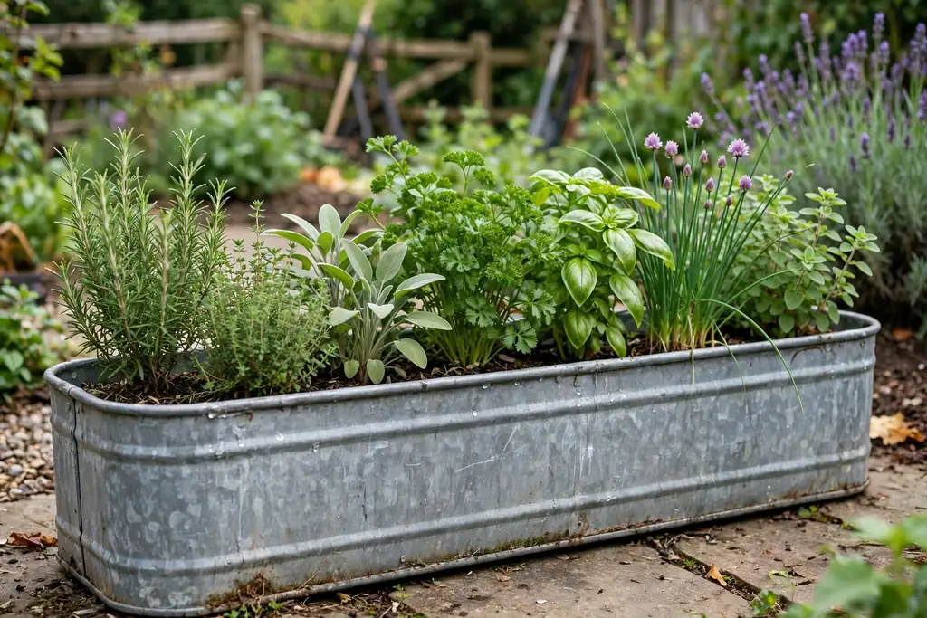 Long galvanized trough planted with a row of culinary herbs.