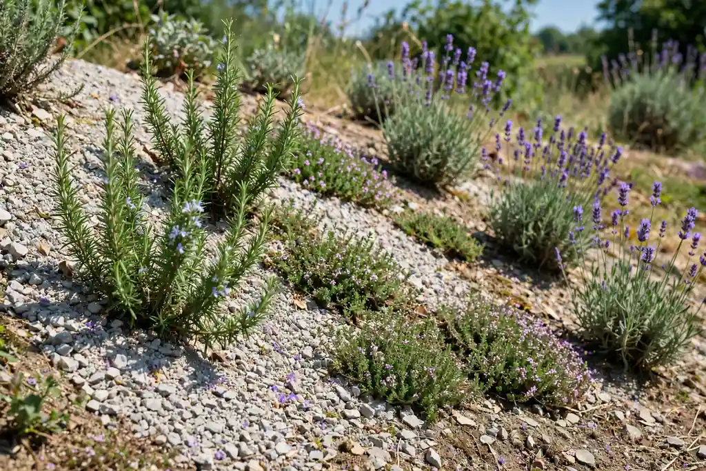 Sunny gravel bank planted with rosemary, thyme, and lavender.
