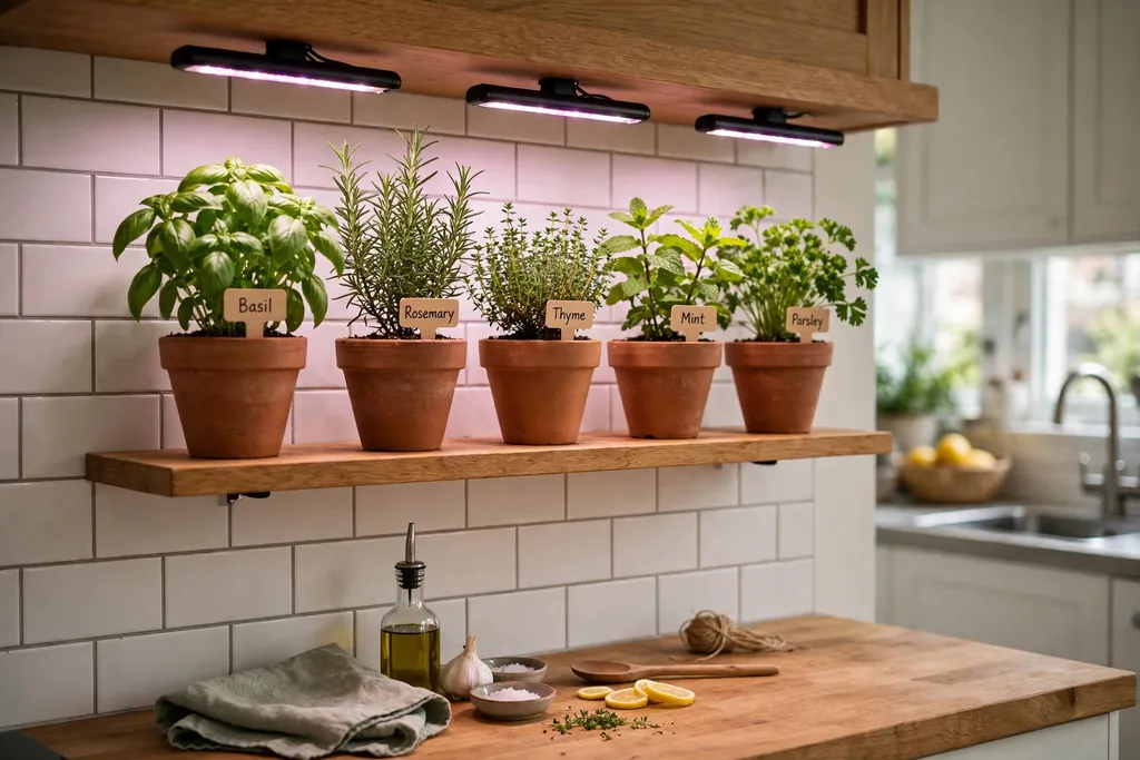 Indoor shelf of herb pots under small grow lights in a kitchen.
