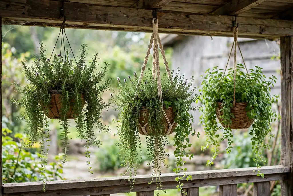 Hanging baskets of trailing herbs under a porch beam.