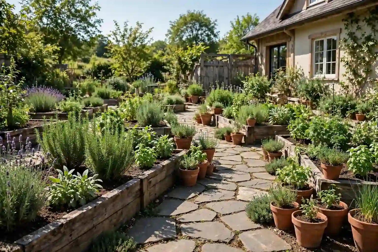 Wide sunny herb garden with raised beds, terracotta pots, and a stone path near a house.