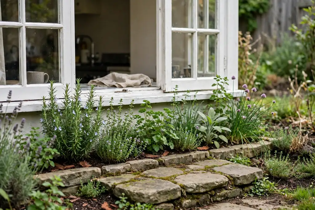 Narrow herb bed outside a kitchen window with a stone standing spot.