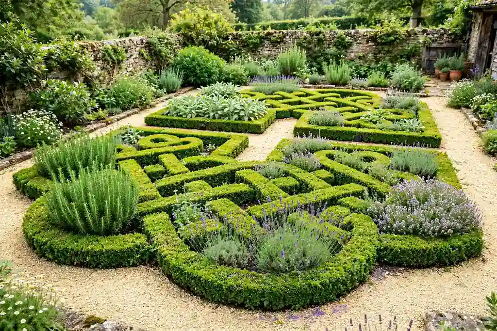 Formal herb knot garden with low hedging and gravel paths.