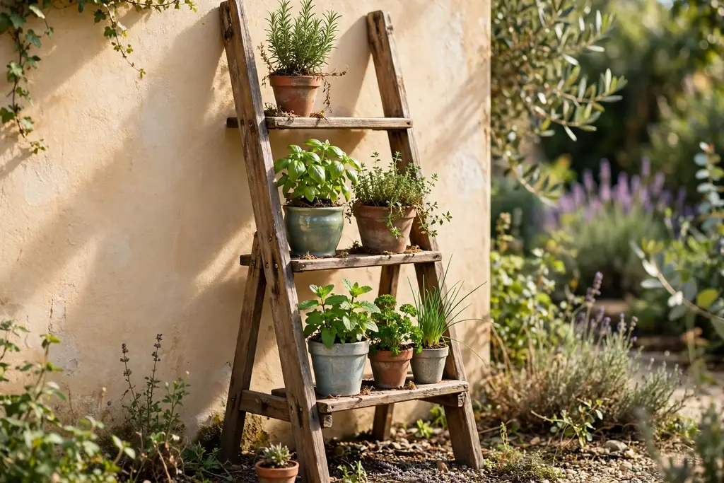 Wooden ladder shelf holding herb pots against a sunny wall.