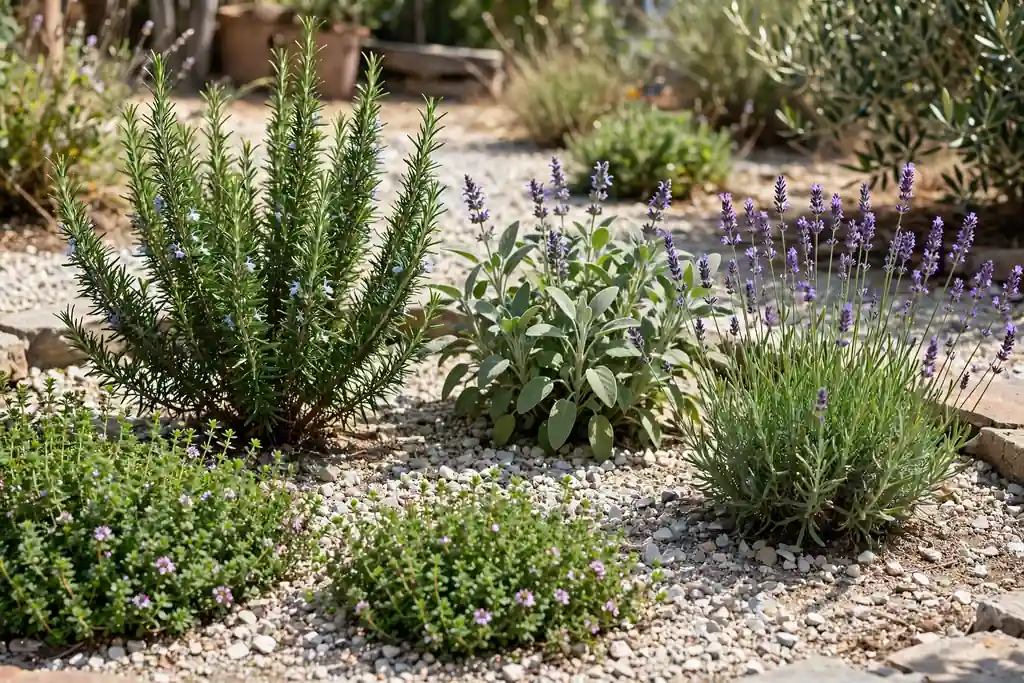 Sunny gravel bed with rosemary, thyme, sage, and lavender.