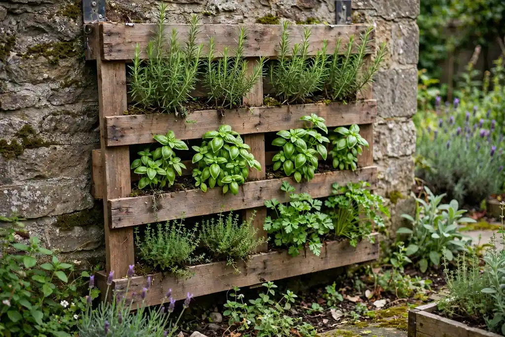 Wooden pallet fixed to a wall planted with herbs in its slats.