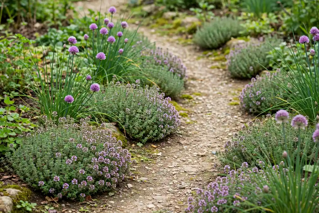 Low herbs edging a garden path with thyme and chives.