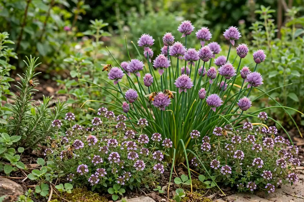 Flowering herb border with bees visiting chive and thyme flowers.
