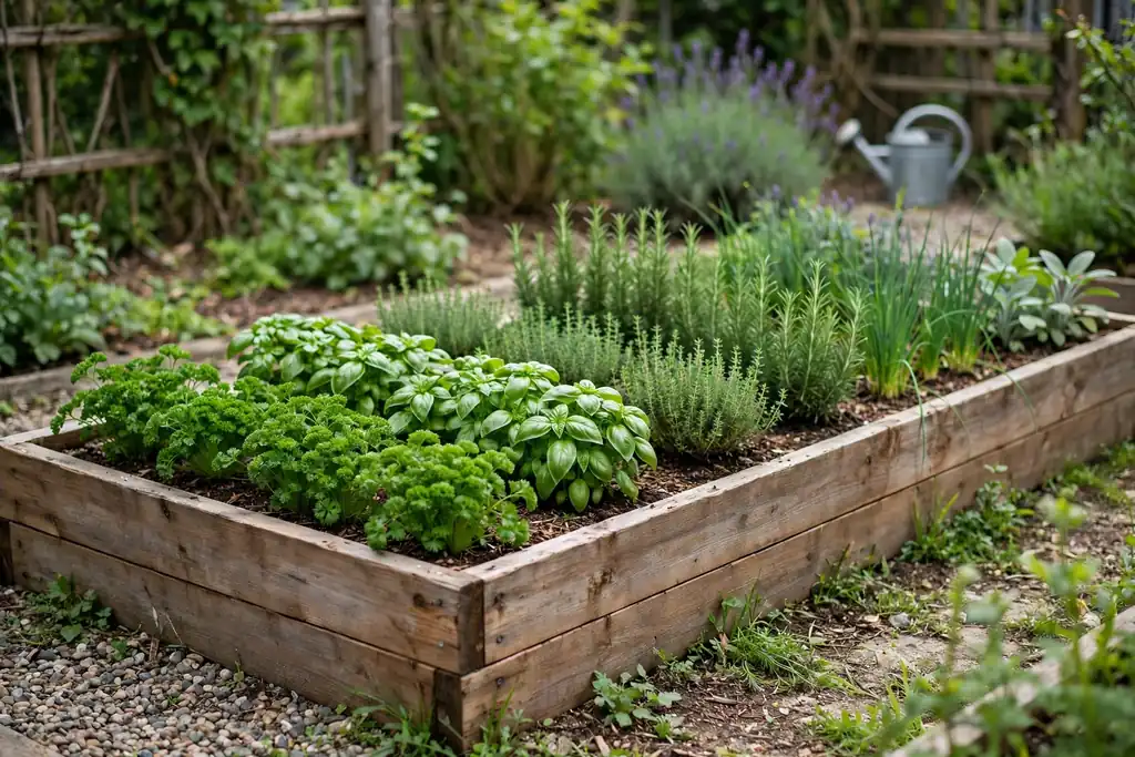 Low wooden raised bed planted with neat rows of culinary herbs.