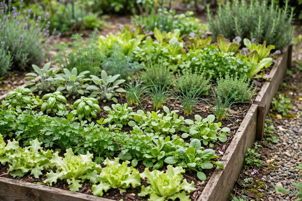 Bed mixing soft herbs and salad leaves in neat rows.