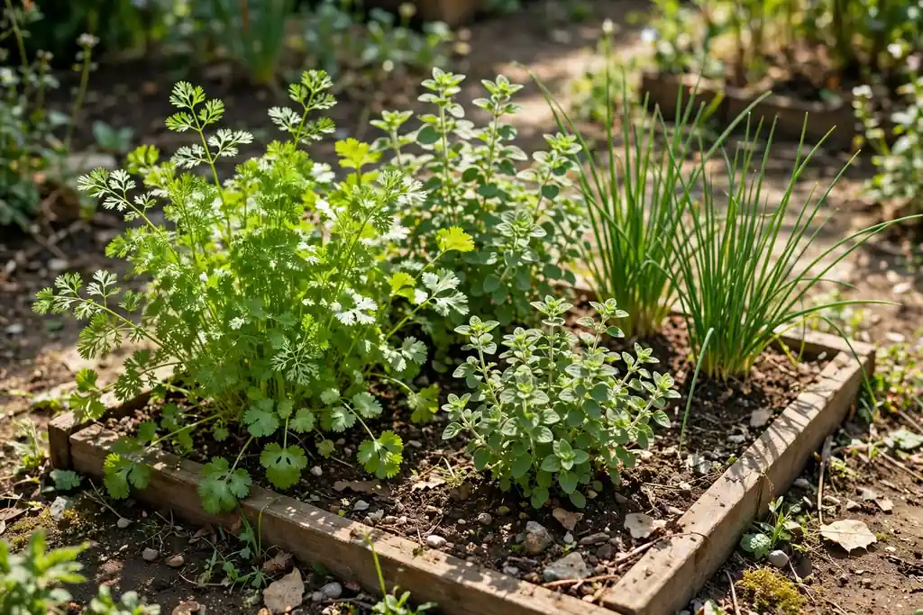 Small sunny patch with coriander, oregano, and chives for salsa.