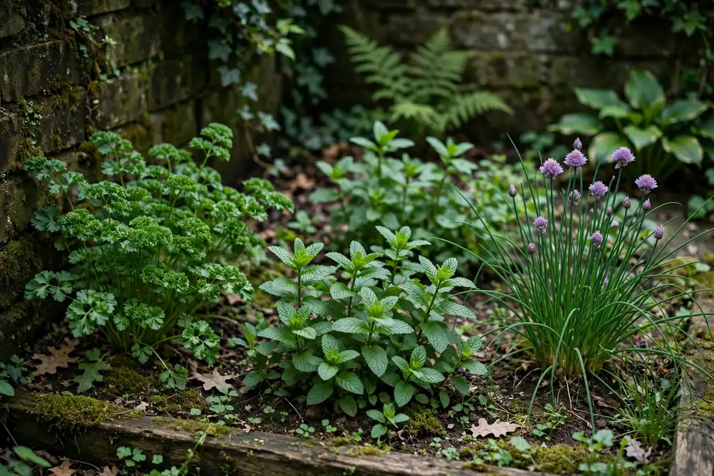Shady garden corner planted with parsley, mint, and chives.