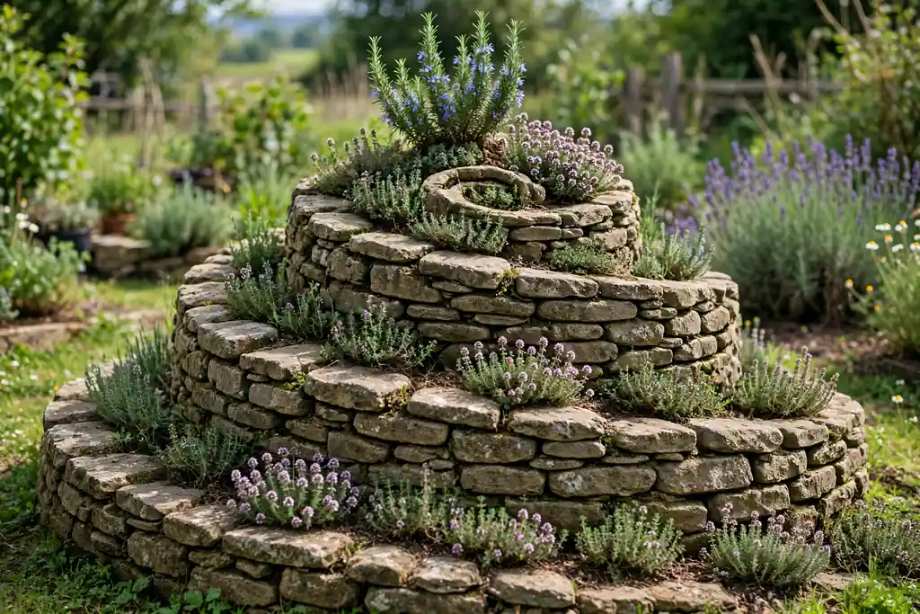Stone herb spiral rising to a center planted with rosemary and thyme.