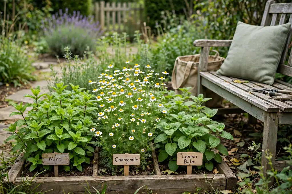 Tea herb patch with mint, chamomile, and lemon balm near a seat.