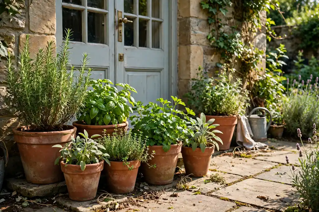 Terracotta pots of herbs grouped by a back door in sunlight.