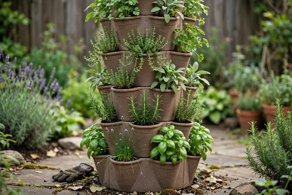 Stacked tower planter with herbs growing from pockets on each level.